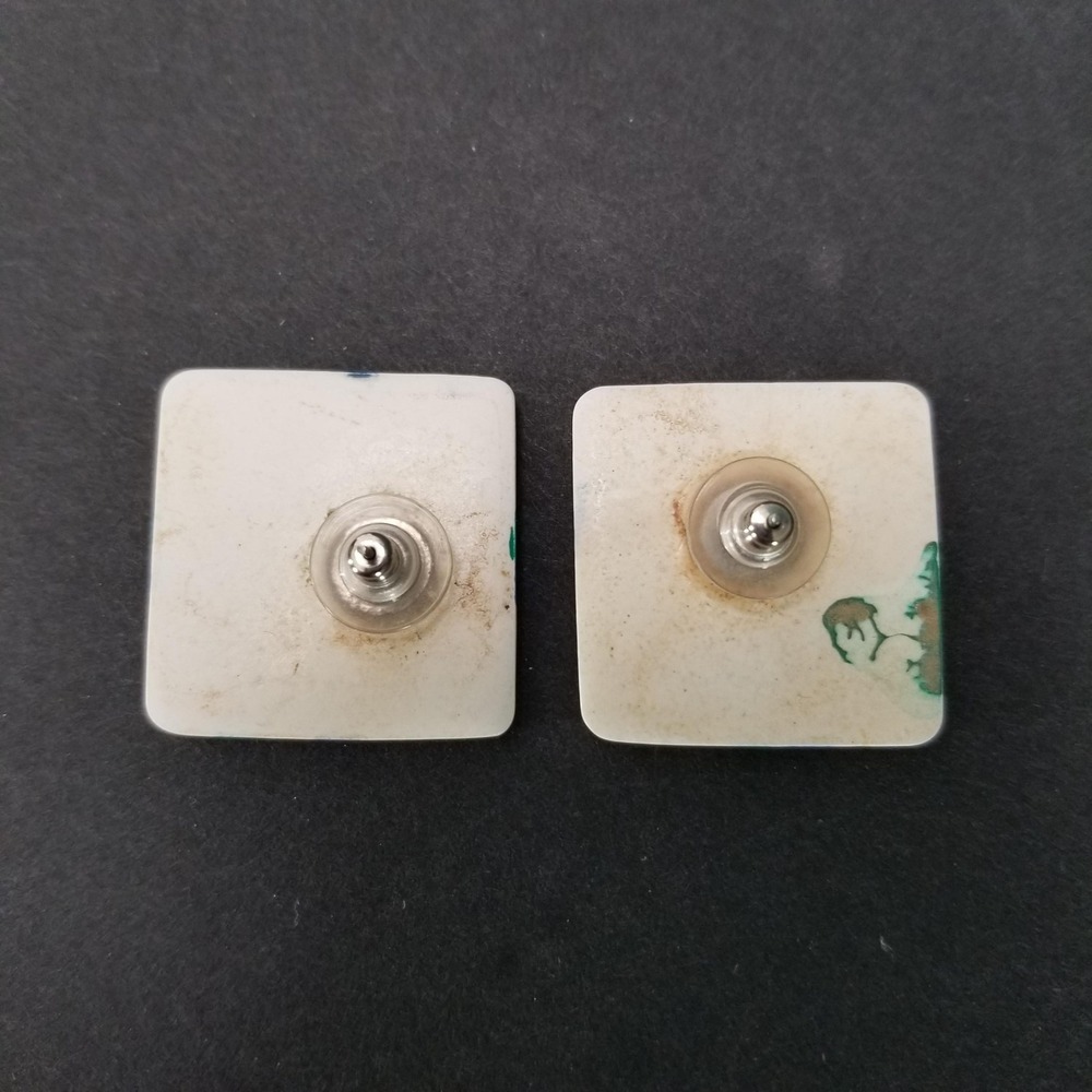 Vintage 80s Geometric Square Stud Earrings Blue Green Cream Enamel Like Style - Picture 2 of 4